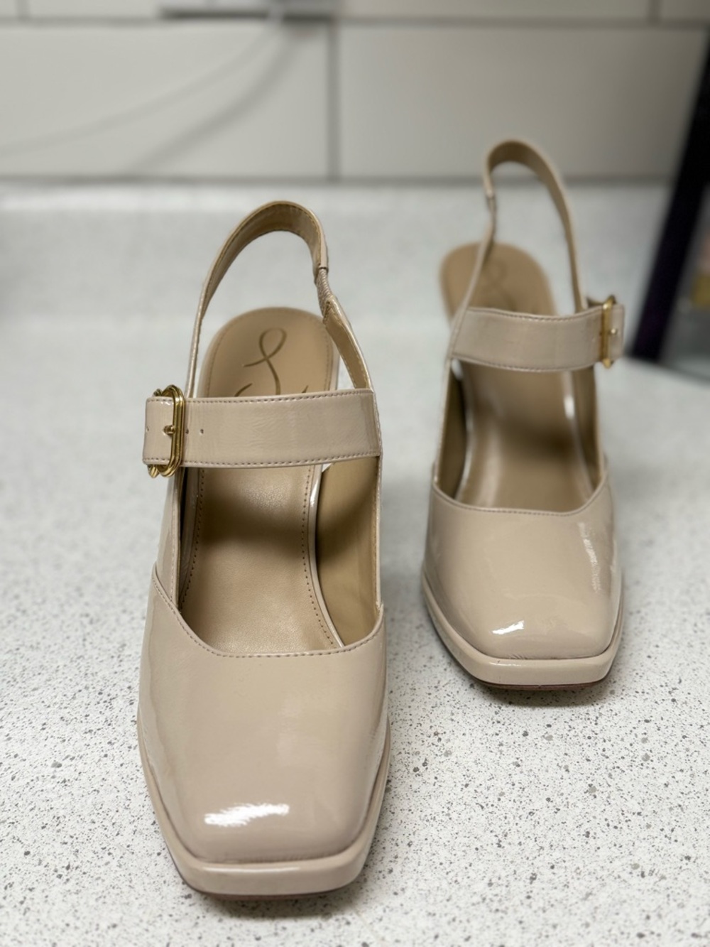 Sam Edelman Cream Patent Slingback Block Heels with Gold Buckle - Picture 3 of 7